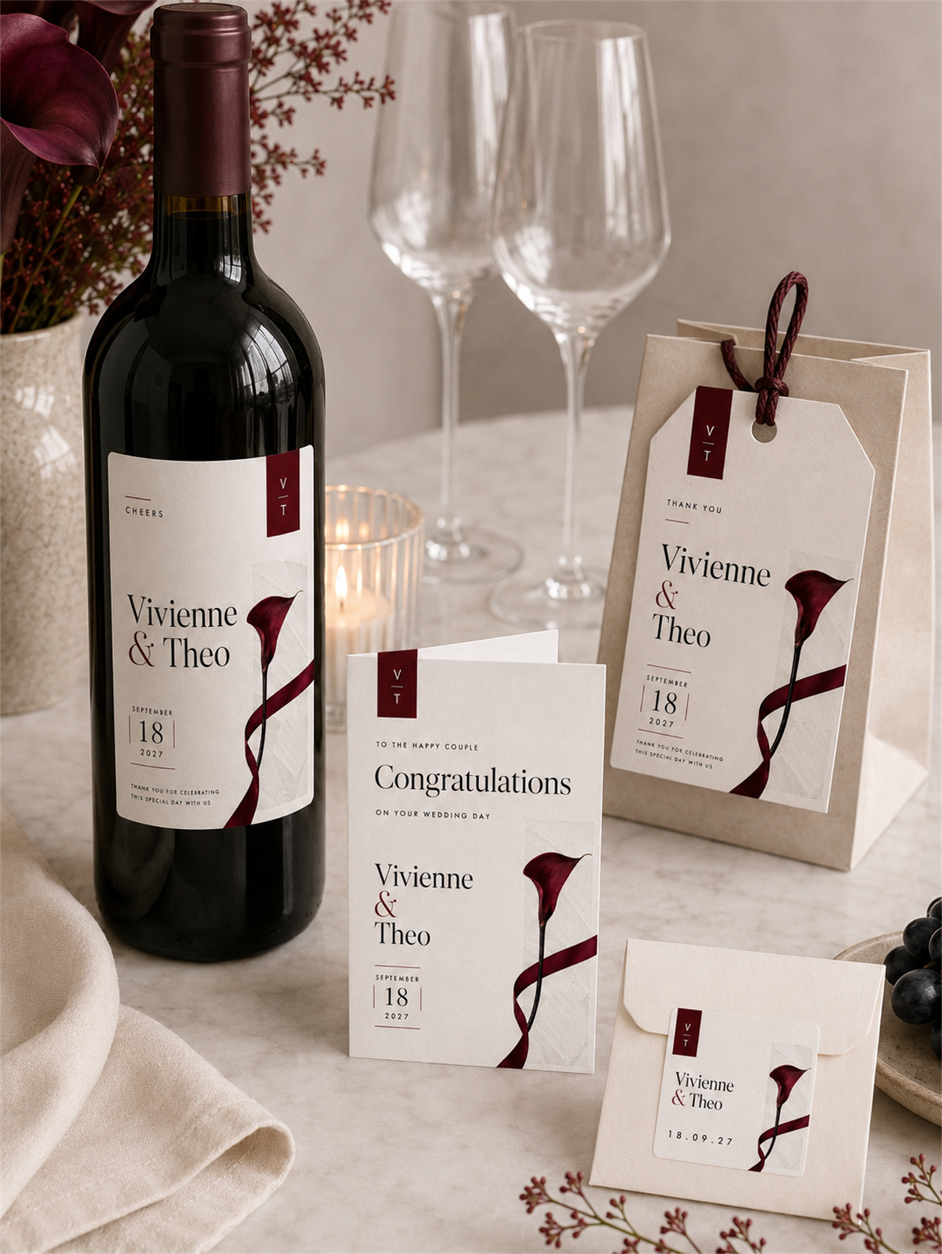 Elegant Custom wedding Set - Wine Red Carnation Wedding Series, suitable for ceremony and banquet decoration